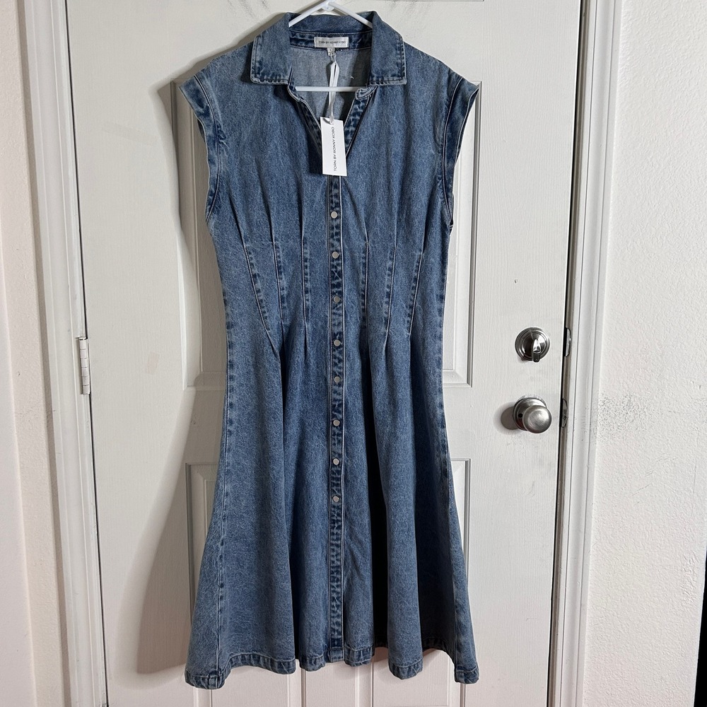 Torn By Ronny Kobo Edie Pleat Waist Denim Shirt Dress size Large $228 NWT - Picture 2 of 13